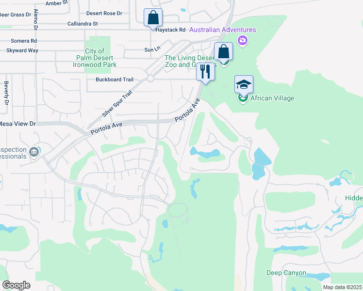 map of restaurants, bars, coffee shops, grocery stores, and more near 48846 Mescal Lane in Palm Desert