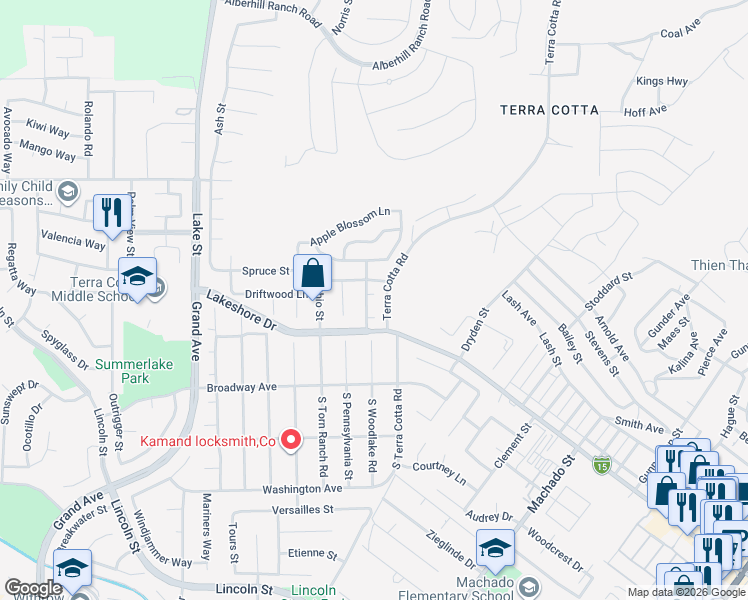 map of restaurants, bars, coffee shops, grocery stores, and more near 241 Driftwood Court in Lake Elsinore