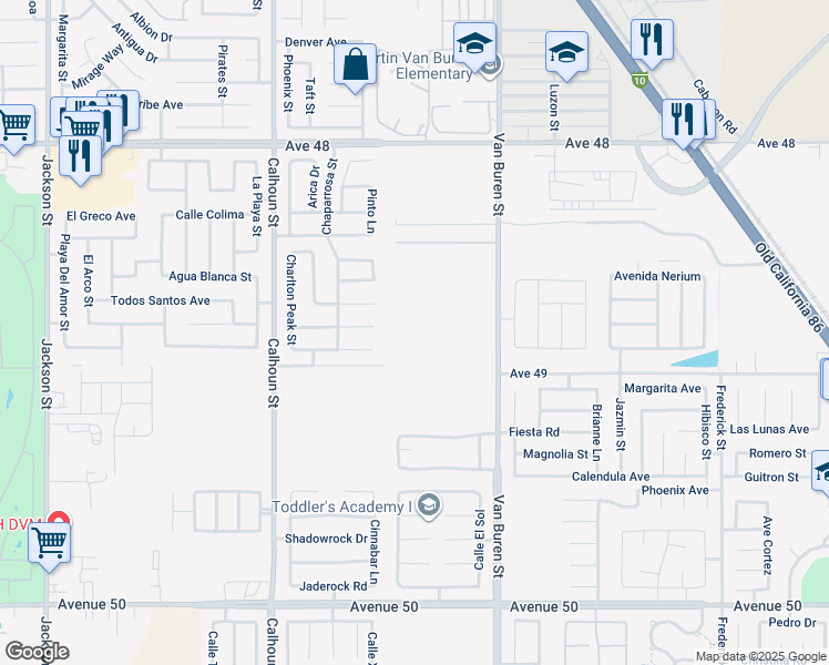 map of restaurants, bars, coffee shops, grocery stores, and more near 47470 Van Buren Street in Indio