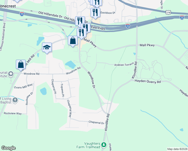 map of restaurants, bars, coffee shops, grocery stores, and more near 3062 Woodrow Drive in Stonecrest
