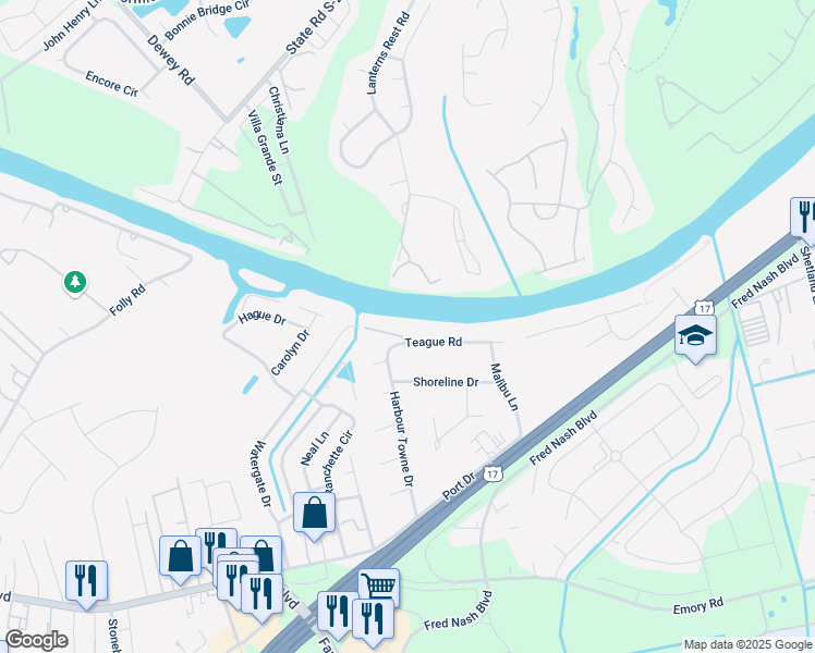 map of restaurants, bars, coffee shops, grocery stores, and more near 1451 Teague Road in Myrtle Beach