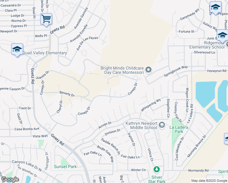 map of restaurants, bars, coffee shops, grocery stores, and more near Conejo Drive in Menifee