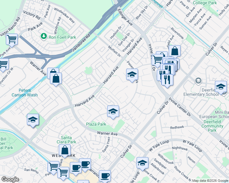 map of restaurants, bars, coffee shops, grocery stores, and more near 6 Ponte in Irvine