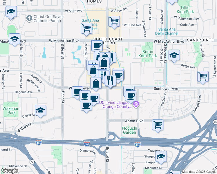 map of restaurants, bars, coffee shops, grocery stores, and more near Bristol Street in Santa Ana