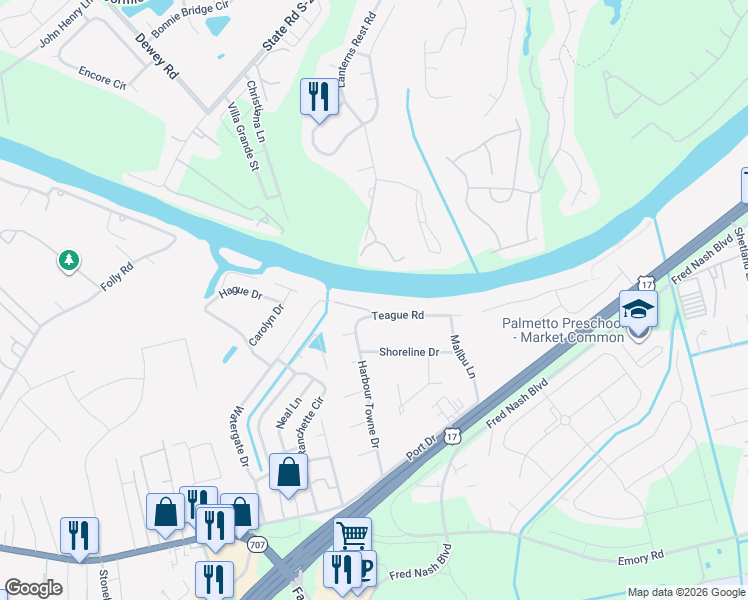 map of restaurants, bars, coffee shops, grocery stores, and more near 1451 Teague Road in Myrtle Beach