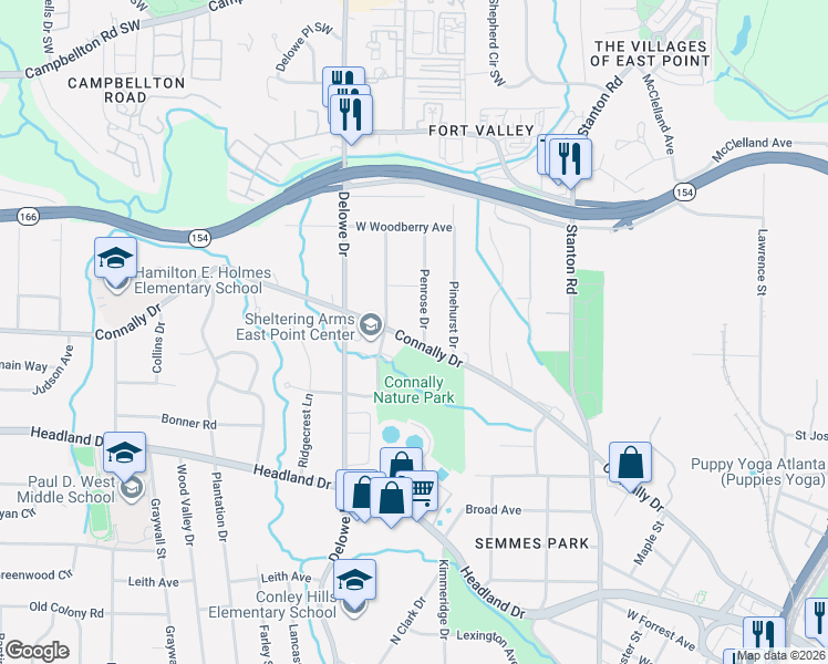 map of restaurants, bars, coffee shops, grocery stores, and more near 2219 Penrose Drive in East Point