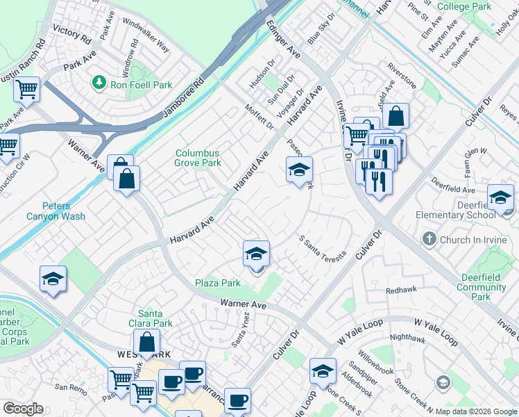 map of restaurants, bars, coffee shops, grocery stores, and more near 3 Ponte in Irvine