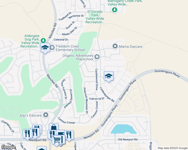 map of restaurants, bars, coffee shops, grocery stores, and more near 29478 Grand Vista Avenue in Menifee