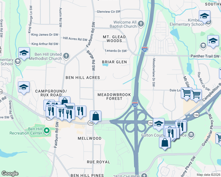 map of restaurants, bars, coffee shops, grocery stores, and more near 3511 Dale Lane Southwest in Atlanta