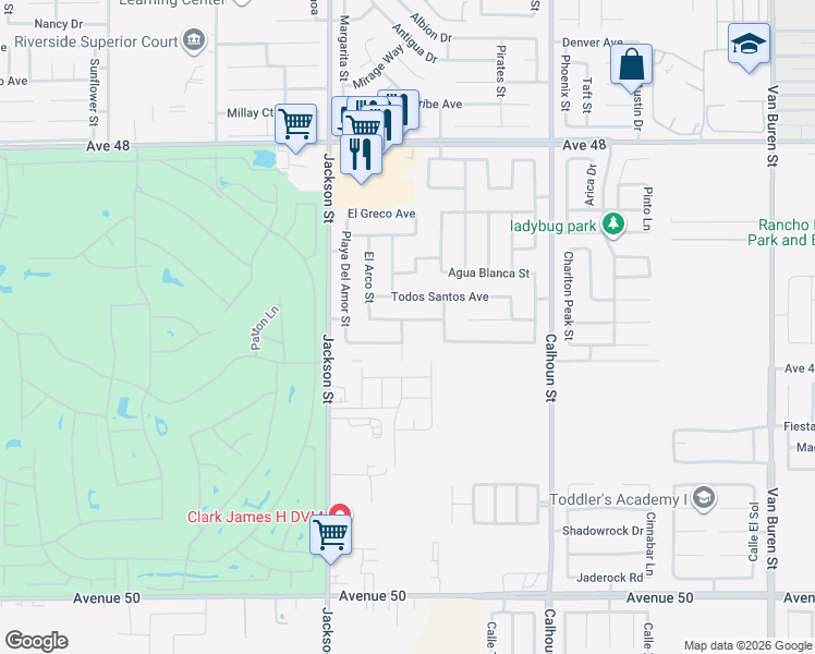 map of restaurants, bars, coffee shops, grocery stores, and more near 83201 Los Cabos Avenue in Coachella