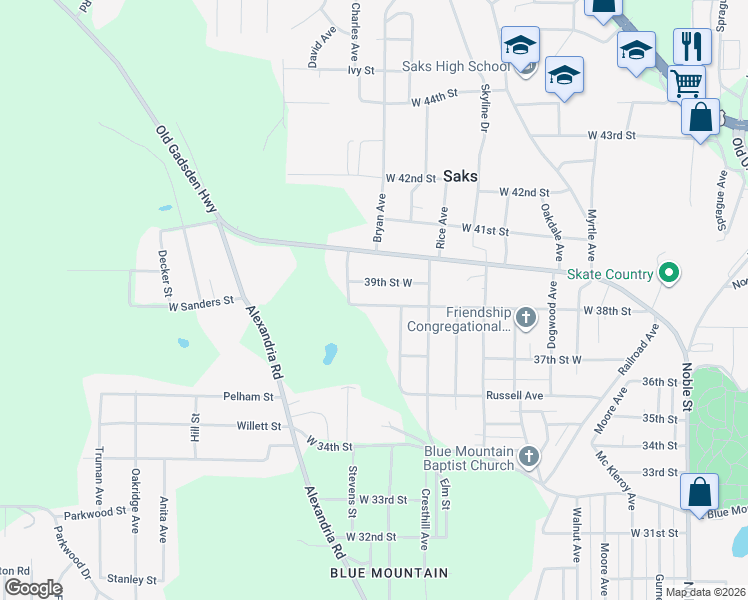 map of restaurants, bars, coffee shops, grocery stores, and more near 729 West 38th Street in Anniston