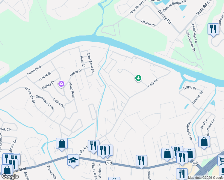 map of restaurants, bars, coffee shops, grocery stores, and more near 521 Folly Estates Drive in Myrtle Beach