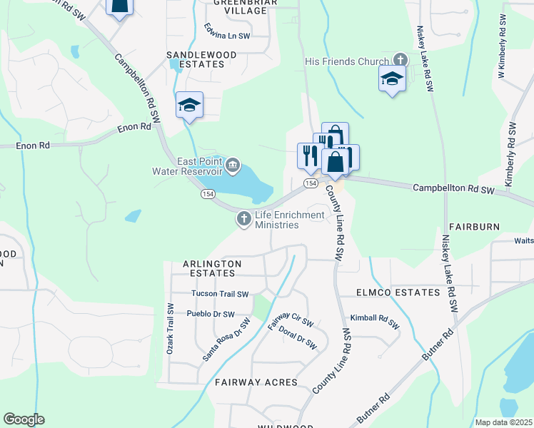 map of restaurants, bars, coffee shops, grocery stores, and more near 2319 El Paso Road Southwest in Atlanta