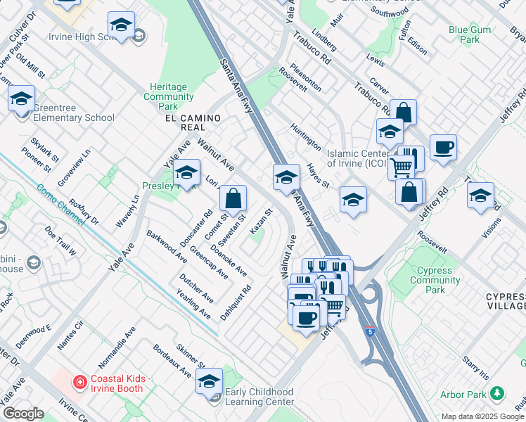 map of restaurants, bars, coffee shops, grocery stores, and more near 36 Oval Road in Irvine