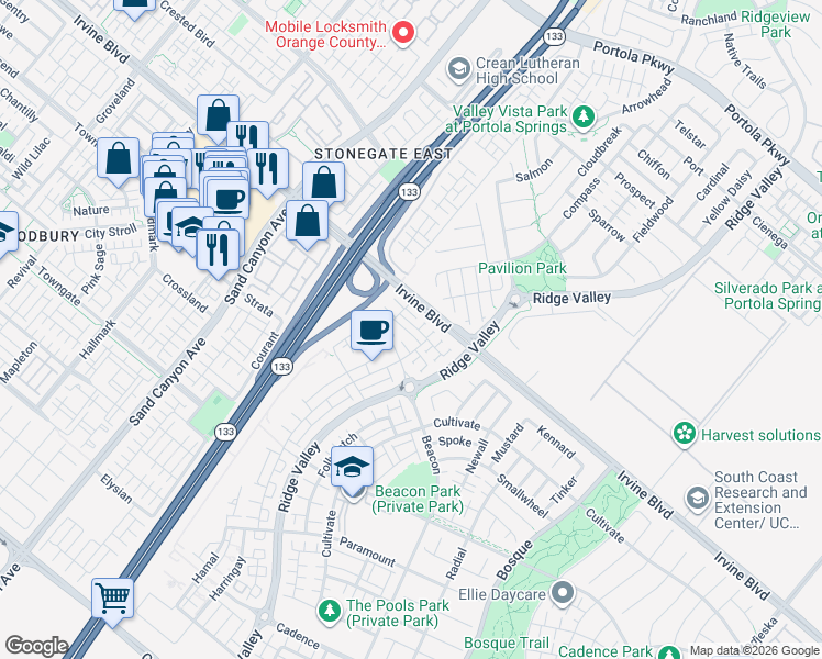 map of restaurants, bars, coffee shops, grocery stores, and more near 131 Tenor in Irvine