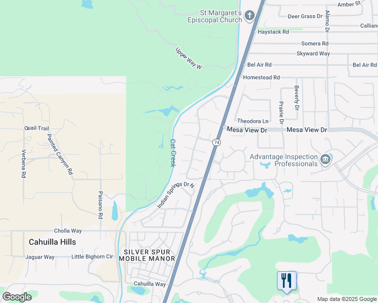 map of restaurants, bars, coffee shops, grocery stores, and more near 72307 Merry Vale Way in Palm Desert