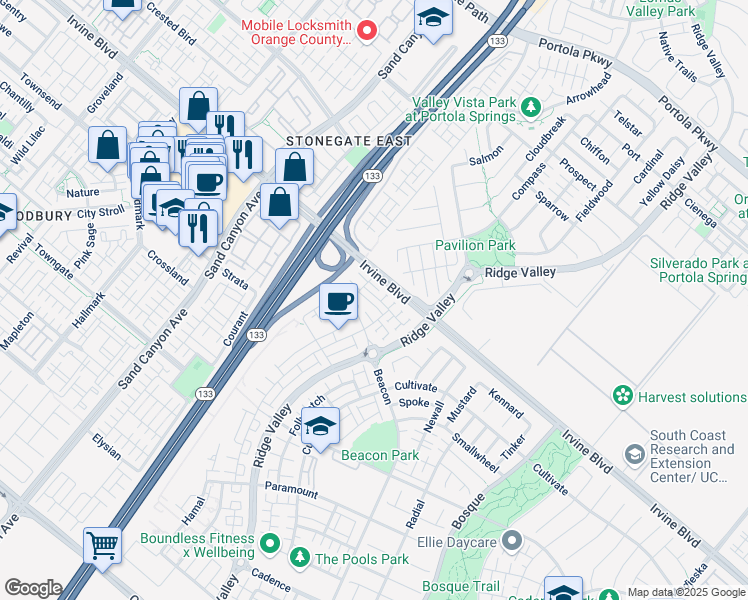 map of restaurants, bars, coffee shops, grocery stores, and more near 131 Tenor in Irvine