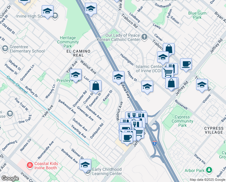 map of restaurants, bars, coffee shops, grocery stores, and more near in Irvine