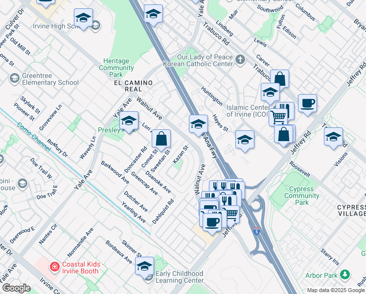 map of restaurants, bars, coffee shops, grocery stores, and more near in Irvine