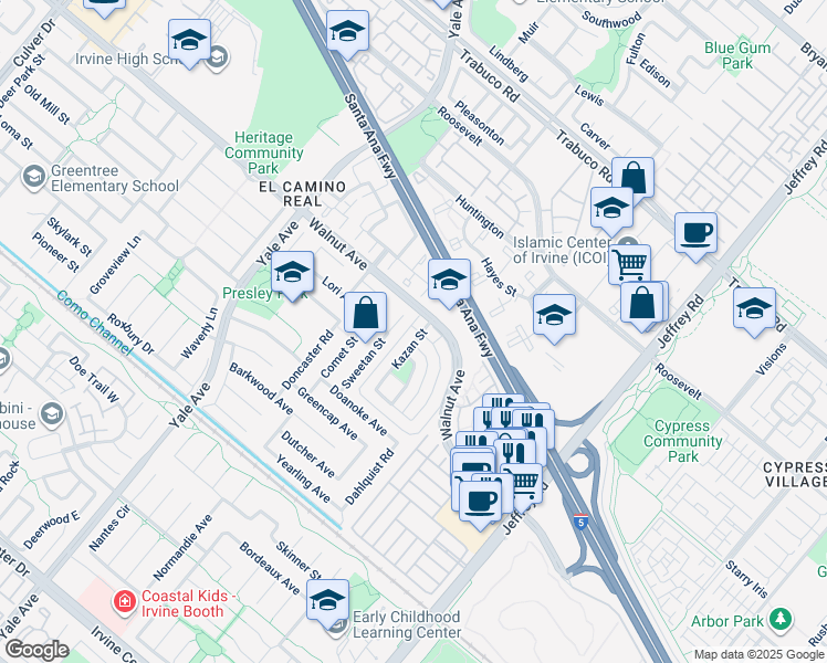 map of restaurants, bars, coffee shops, grocery stores, and more near 36 Oval Road in Irvine