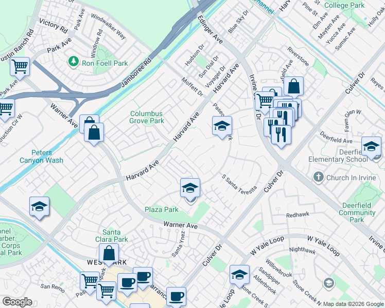 map of restaurants, bars, coffee shops, grocery stores, and more near 3 Ponte in Irvine