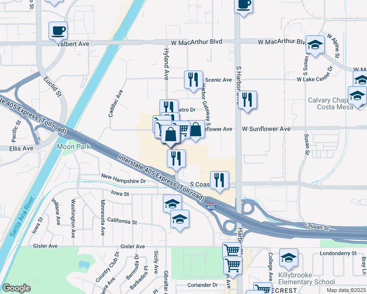 map of restaurants, bars, coffee shops, grocery stores, and more near 1573 Sunland Lane in Costa Mesa