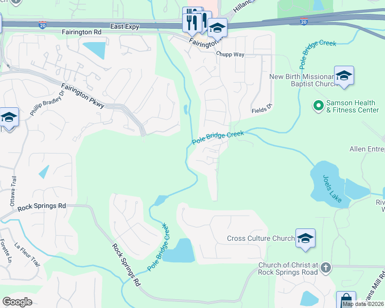 map of restaurants, bars, coffee shops, grocery stores, and more near 5782 Par 4 Way in Stonecrest
