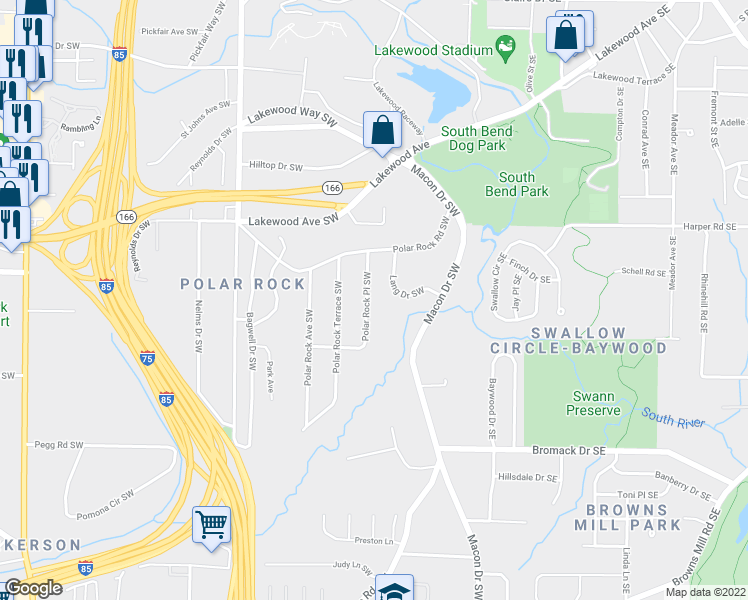 map of restaurants, bars, coffee shops, grocery stores, and more near 2202 Polar Rock Place Southwest in Atlanta