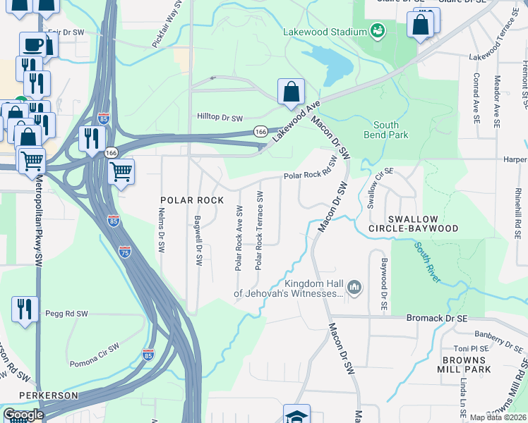 map of restaurants, bars, coffee shops, grocery stores, and more near 2196 Polar Rock Terrace Southwest in Atlanta