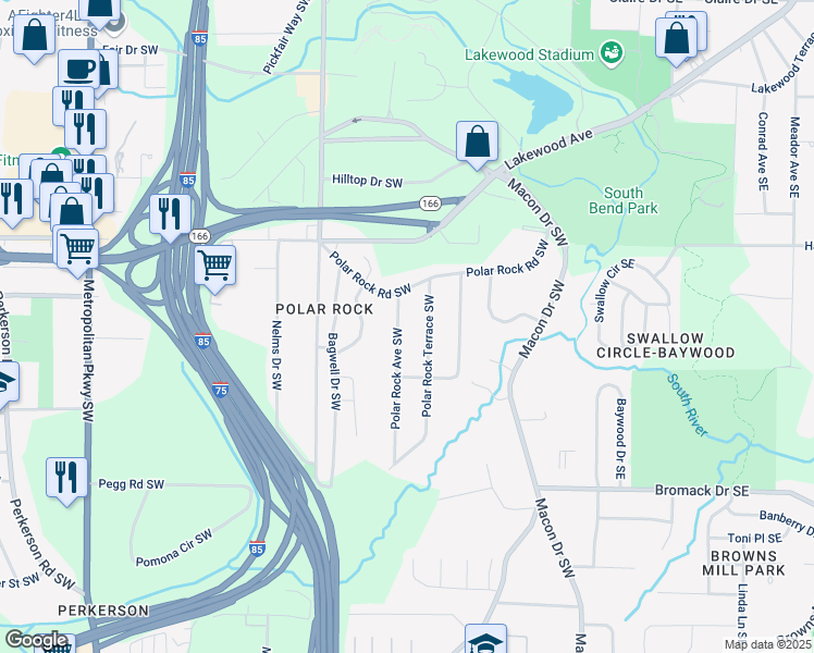 map of restaurants, bars, coffee shops, grocery stores, and more near 2197 Polar Rock Avenue Southwest in Atlanta