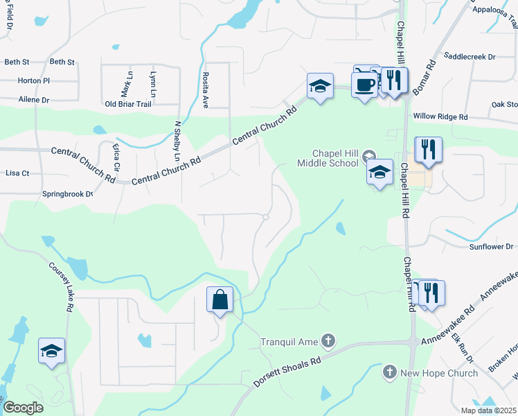 map of restaurants, bars, coffee shops, grocery stores, and more near 4566 Town Manor Drive in Douglasville