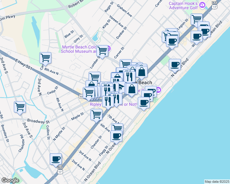 map of restaurants, bars, coffee shops, grocery stores, and more near 511 9th Avenue North in Myrtle Beach