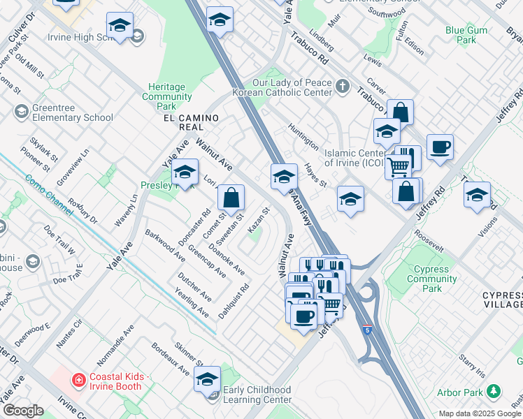 map of restaurants, bars, coffee shops, grocery stores, and more near 32 Kazan Street in Irvine