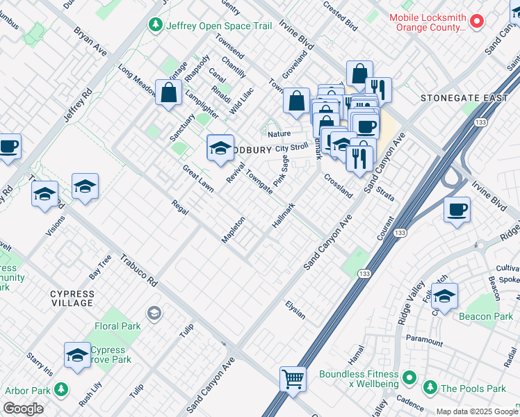 map of restaurants, bars, coffee shops, grocery stores, and more near 50 Herringbone in Irvine