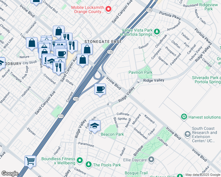 map of restaurants, bars, coffee shops, grocery stores, and more near 104 Tenor in Irvine