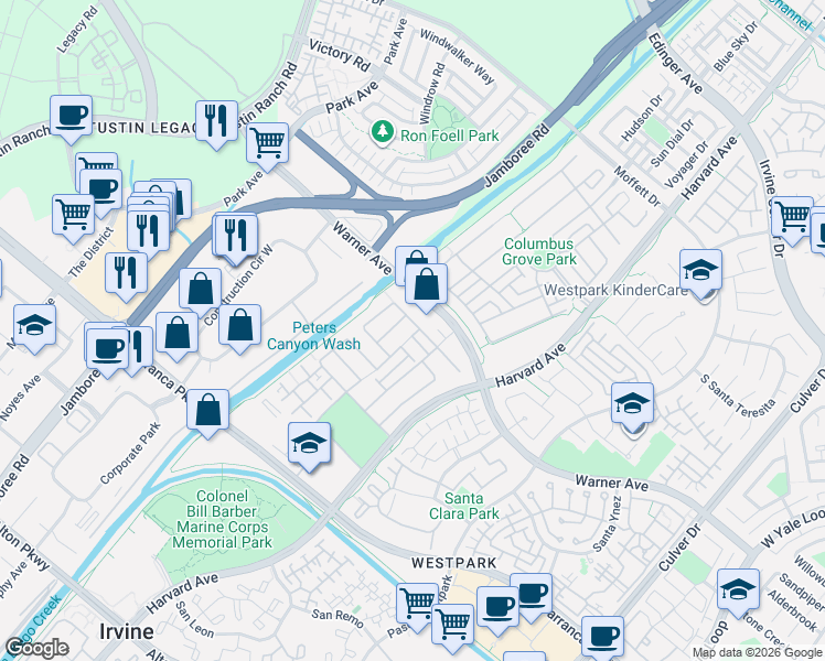 map of restaurants, bars, coffee shops, grocery stores, and more near 87 Fringe Tree in Irvine