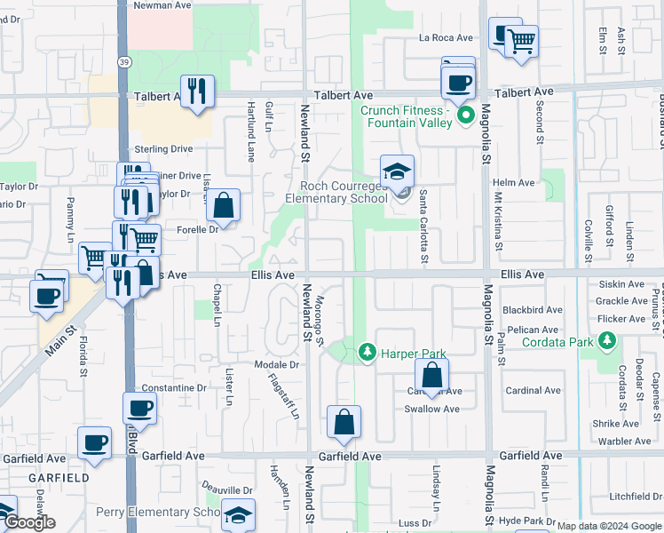 map of restaurants, bars, coffee shops, grocery stores, and more near 8564 Ostrich Circle in Fountain Valley