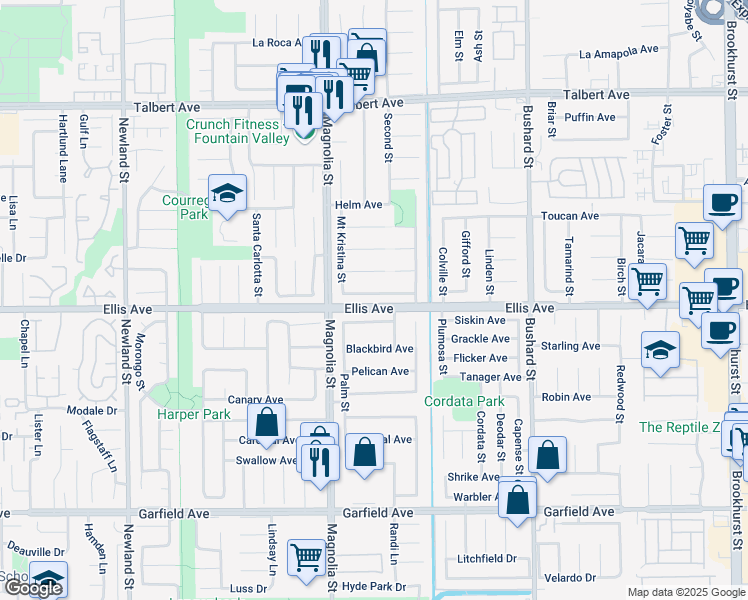 map of restaurants, bars, coffee shops, grocery stores, and more near 9116 McBride River Avenue in Fountain Valley