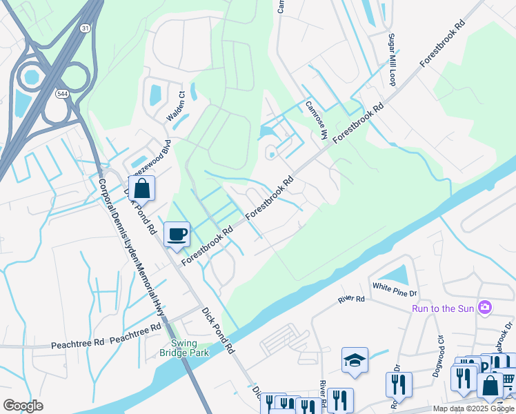 map of restaurants, bars, coffee shops, grocery stores, and more near 3600 Forestbrook Road in Myrtle Beach