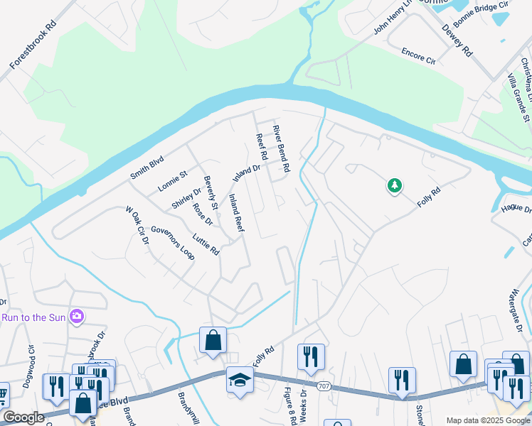 map of restaurants, bars, coffee shops, grocery stores, and more near 602 Reef Road in Myrtle Beach