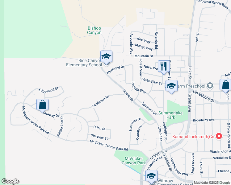 map of restaurants, bars, coffee shops, grocery stores, and more near 29221 Sandpiper Drive in Lake Elsinore