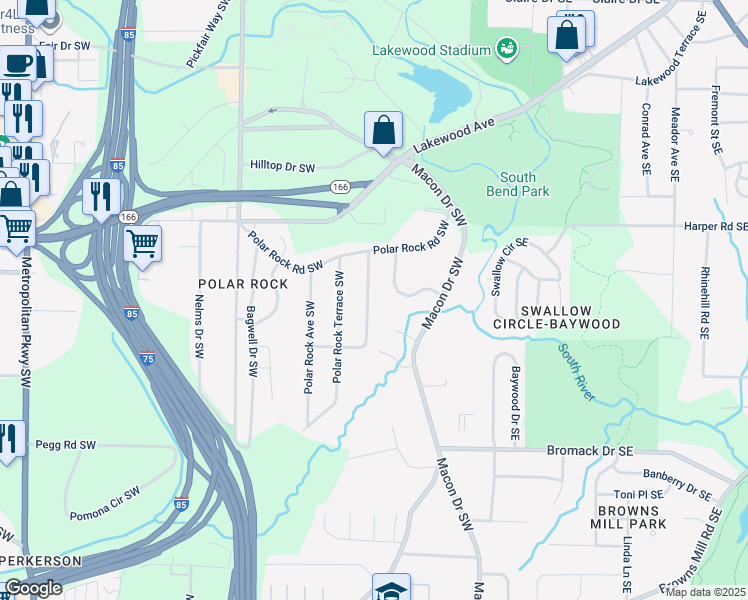 map of restaurants, bars, coffee shops, grocery stores, and more near 2202 Polar Rock Place Southwest in Atlanta