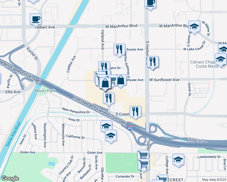 map of restaurants, bars, coffee shops, grocery stores, and more near 1585 Sunland Lane in Costa Mesa