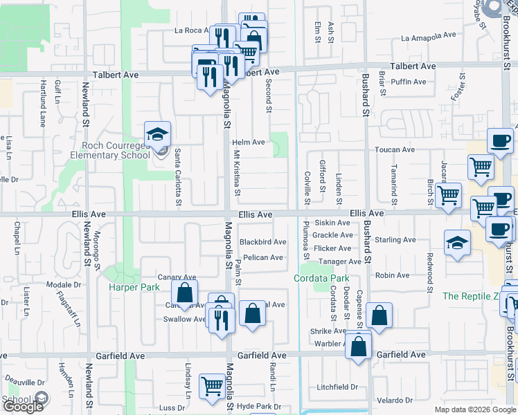 map of restaurants, bars, coffee shops, grocery stores, and more near 9116 McBride River Avenue in Fountain Valley
