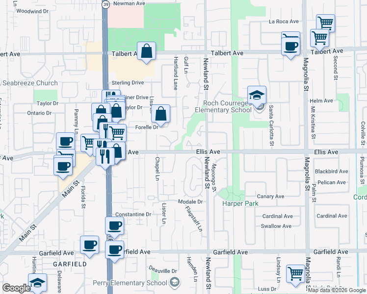 map of restaurants, bars, coffee shops, grocery stores, and more near 8372 Bluff Circle in Huntington Beach