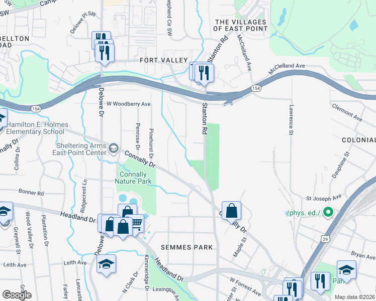 map of restaurants, bars, coffee shops, grocery stores, and more near 2186 Pointview Drive in East Point