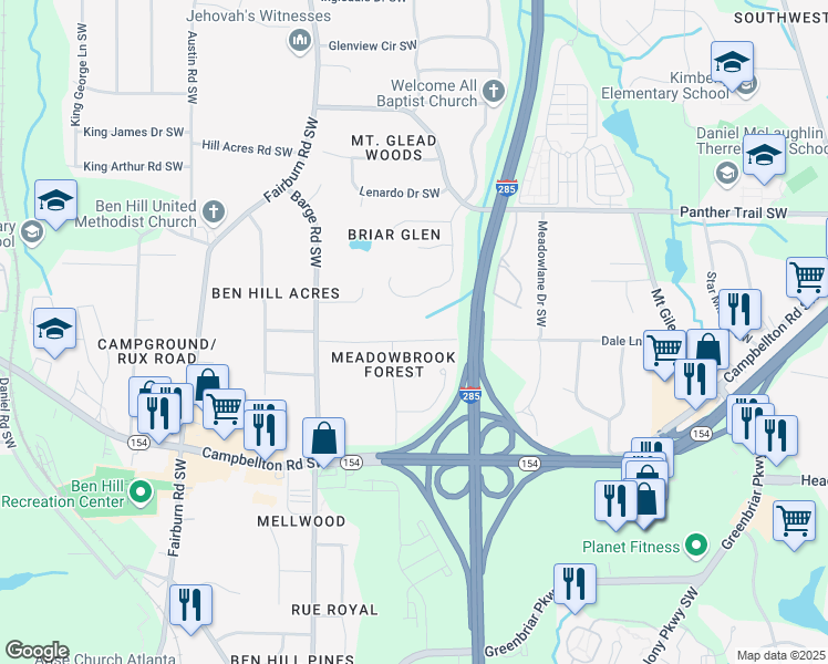 map of restaurants, bars, coffee shops, grocery stores, and more near 3473 Dale Lane Southwest in Atlanta