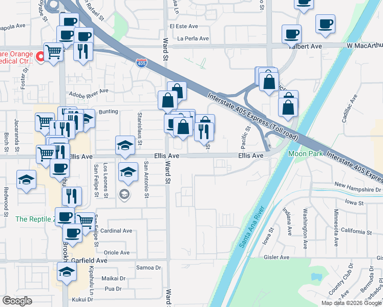 map of restaurants, bars, coffee shops, grocery stores, and more near in Fountain Valley