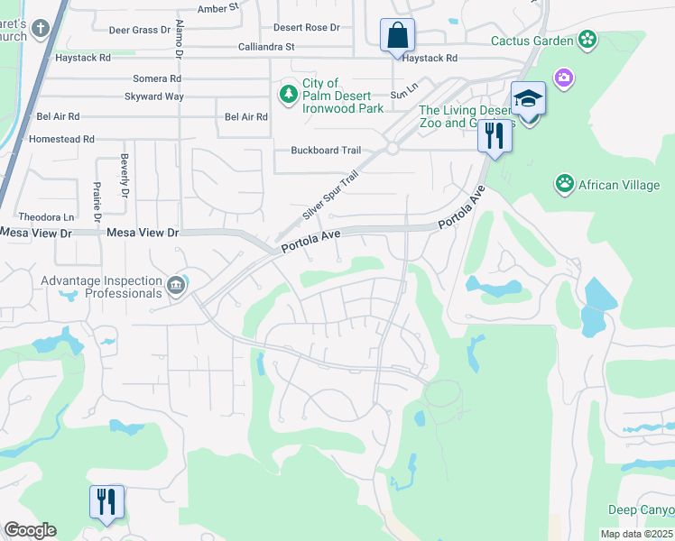 map of restaurants, bars, coffee shops, grocery stores, and more near 73359 Oriole Court in Palm Desert