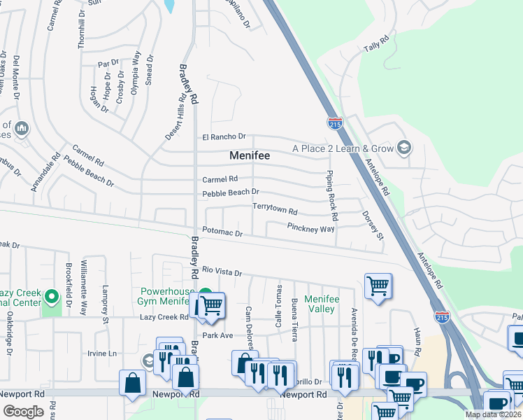 map of restaurants, bars, coffee shops, grocery stores, and more near 27215 Terrytown Rd in Menifee